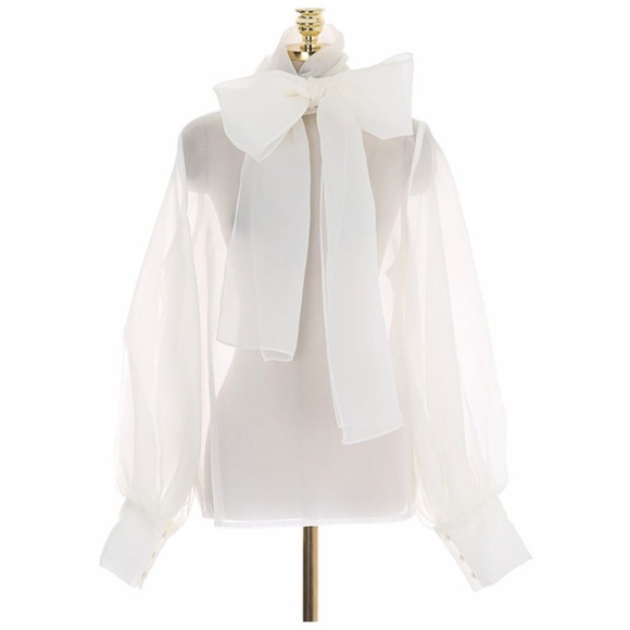 Black & White Sheer Organza Dramatic Bow Top - Picture 7 of 8